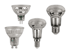 Vier verschiedene LED-Lampen, darunter GU10- und E14-Fassungen, auf schwarzem Hintergrund.