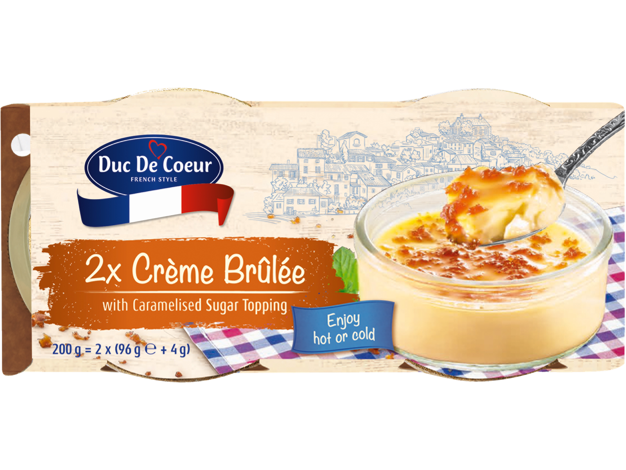 Twee Duc de Coeur Crème brûlées, Franse stijl, met karamelsuiker.