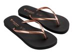 Pair of black flip-flops with rose gold straps, featuring a palm tree logo and text.