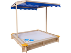 Wooden sandbox with blue canopy and white liner, featuring blue plastic trays.