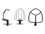 Three black and silver mixer attachments: a dough hook, a wire whisk, and a flat beater.