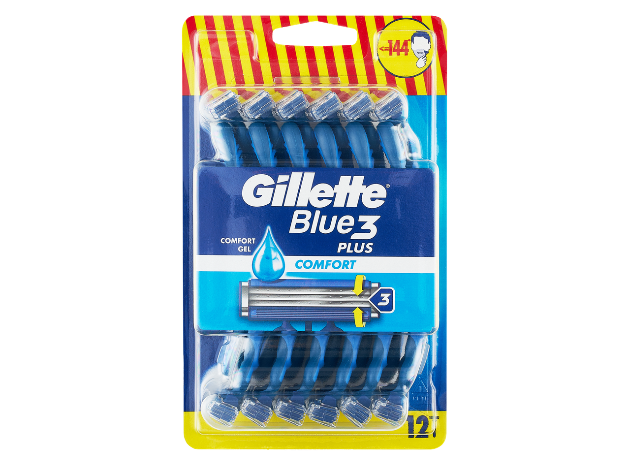 Pakuotėje yra 12 Gillette Blue3 Plus skustuvų kasečių.