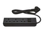 Black power strip with three UK outlets, a power switch, and a coiled cable with a UK plug.