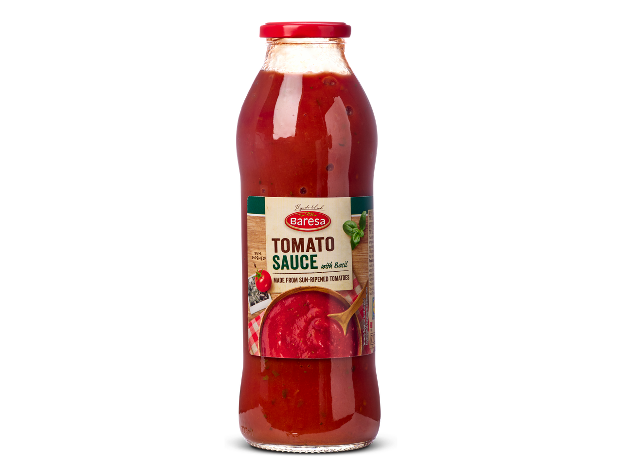 Baresa tomatensoep met basilicum in een glazen fles.
