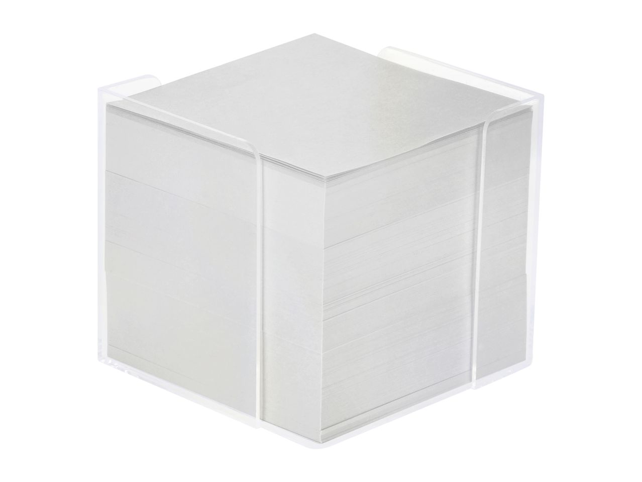 A clear acrylic holder filled with a stack of white square memo papers.