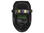 Interior do capacete de soldagem automático Parkside® com ajuste e visor verde.