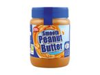 A jar of smooth peanut butter with a blue label and lid, showing nutritional information.
