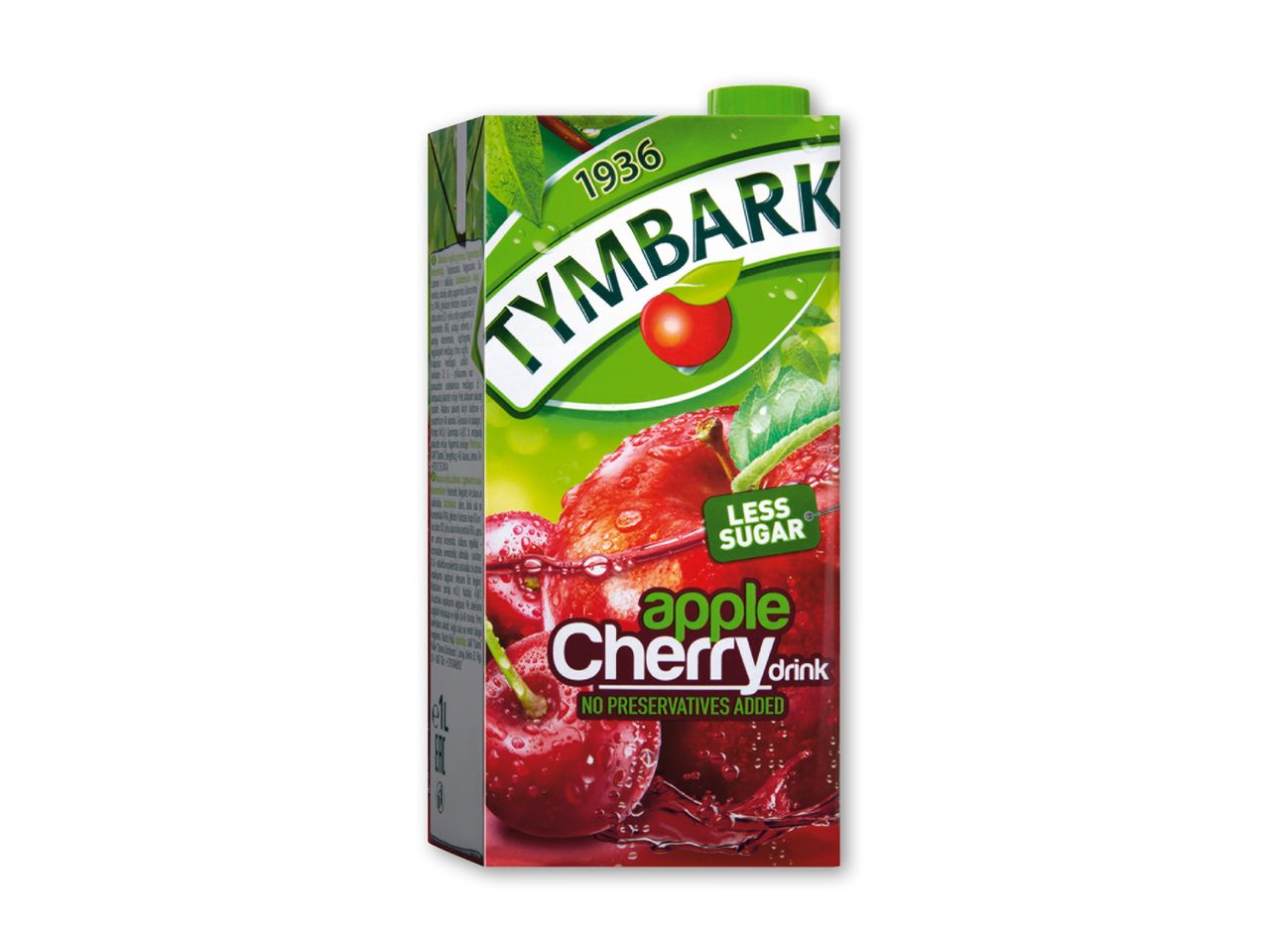 Tymbark æble-kirsebærdrik med mindre sukker i en karton.