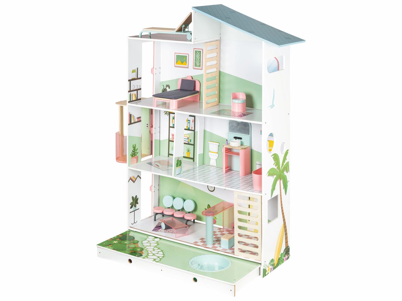 Maison de poupée en bois à trois étages avec mobilier et décorations sur le thème de la plage.