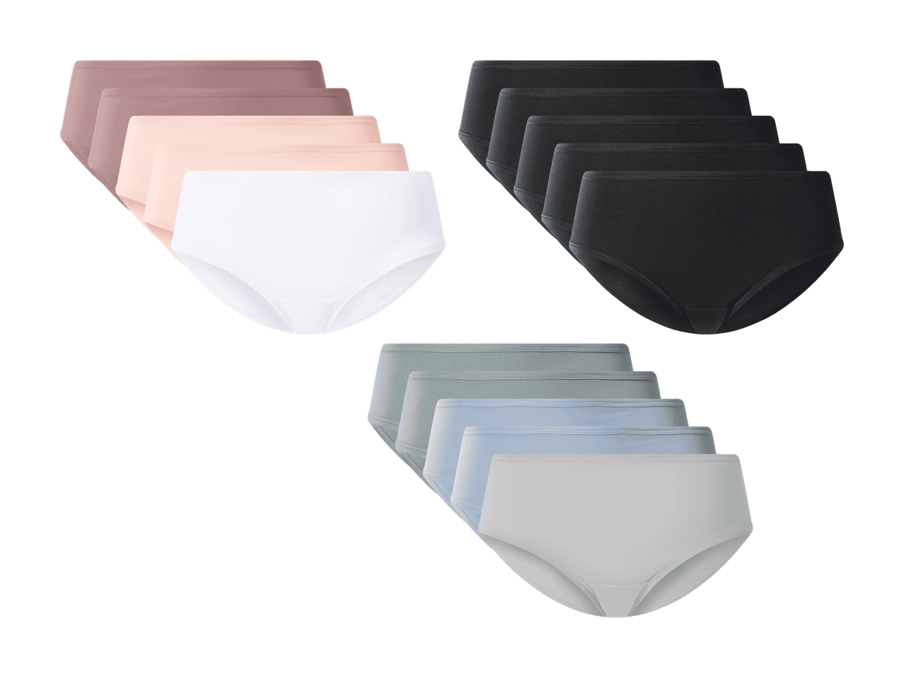 Lot de culottes unies en trois couleurs : rose, noir et bleu/gris.