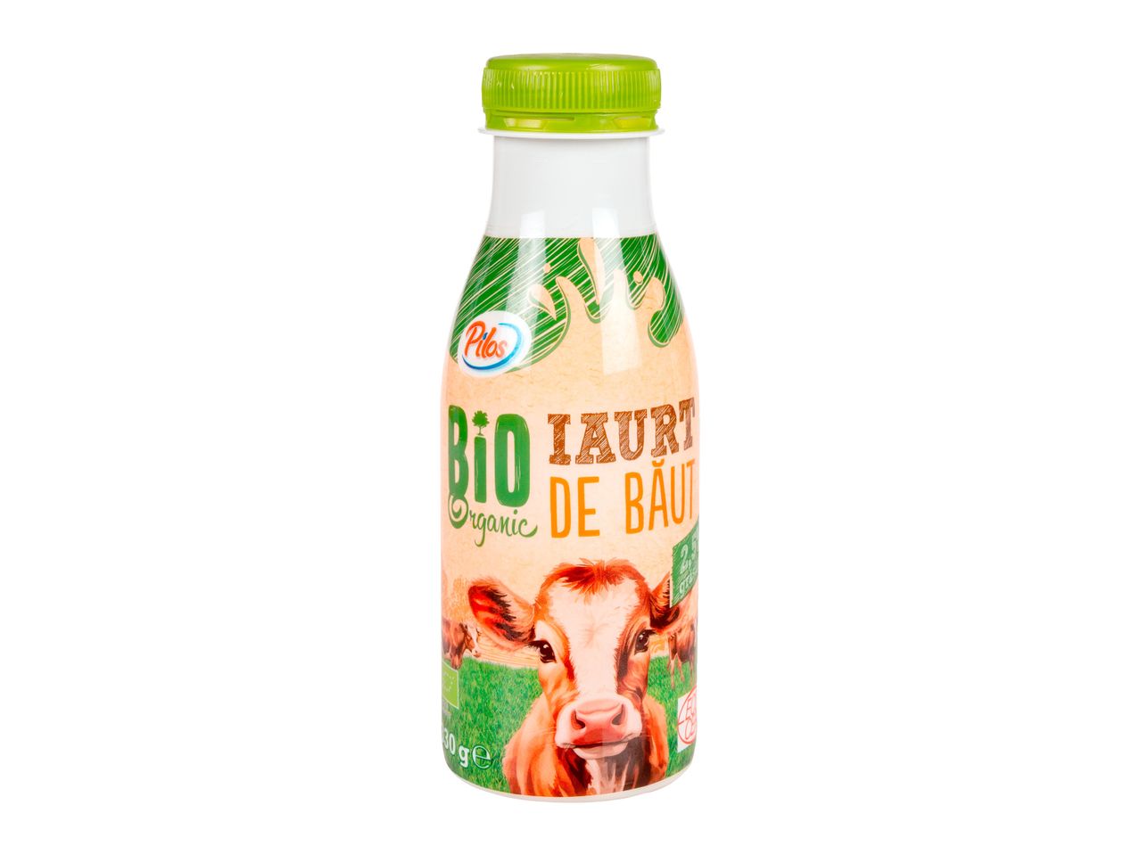 Iaurt bio Pilos organic de băut, într-o sticlă cu capac verde.