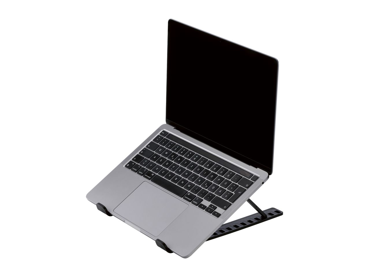 Silver laptop on a black adjustable stand, angled upwards with the screen facing the viewer.