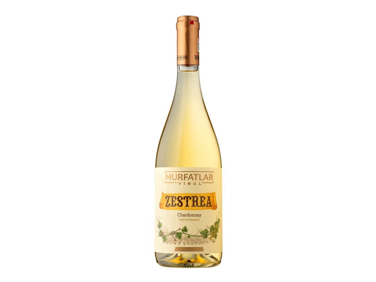 O sticlă de vin alb Murfatlar Zestrea Chardonnay pe un fundal negru.