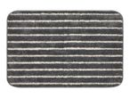 Grey striped bath mat with white horizontal stripes and rounded corners