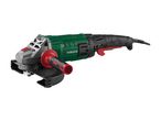 Angle grinder with a green and black body, red accents, and a side handle.