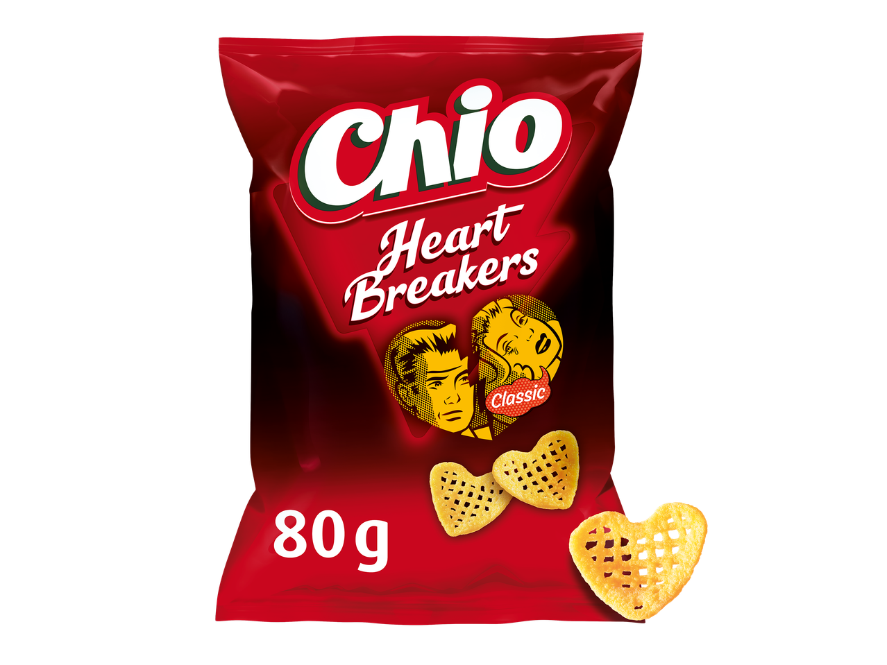 Een zak hartvormige zoutjes met klassieke smaak, 80 g.