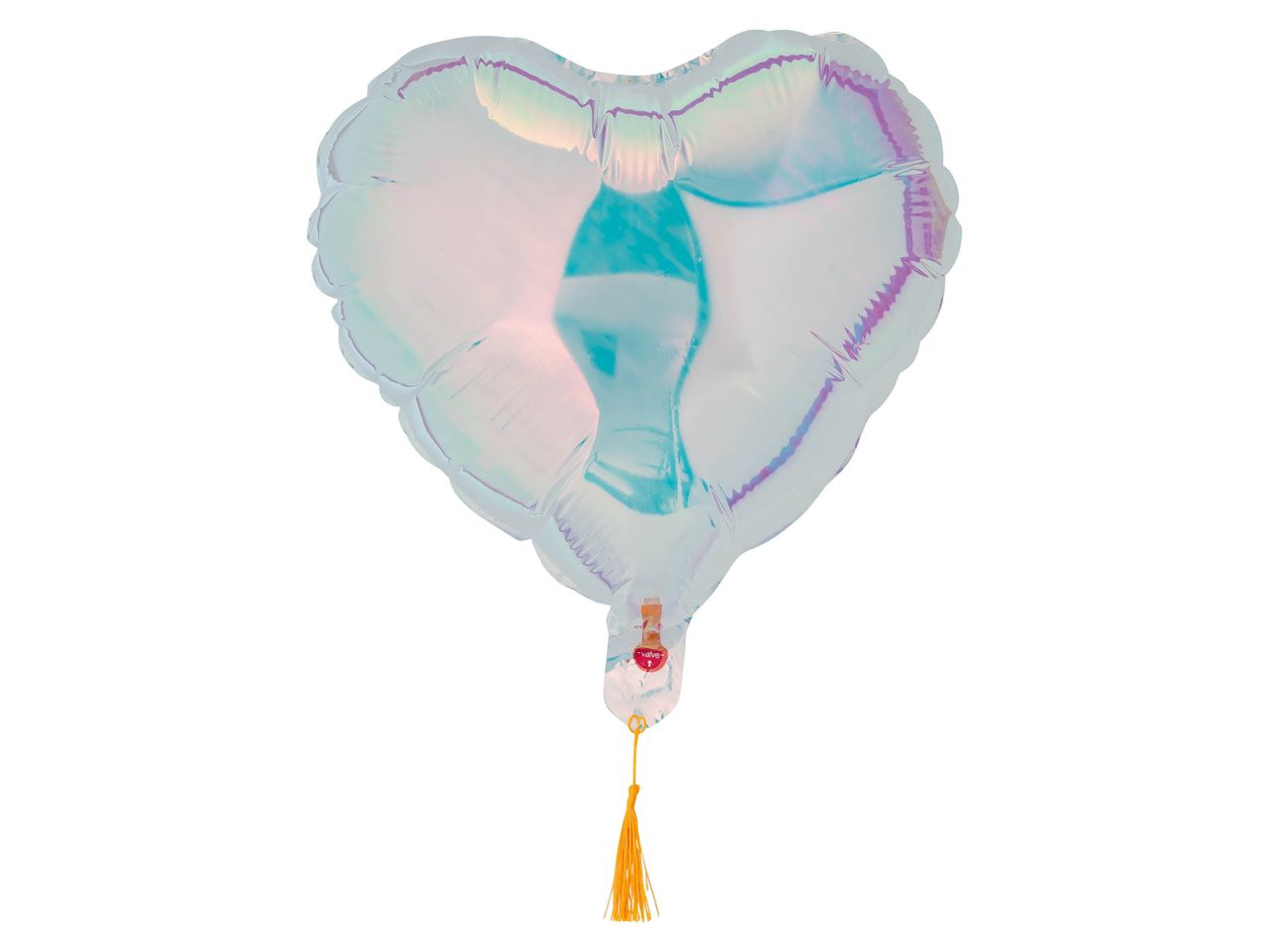 Iridescent heart-shaped balloon with a yellow tassel