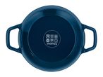 Bottom of a dark blue cooking pot with cooking hob compatibility symbols.