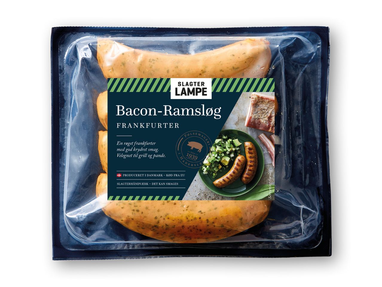Slagter Lampe Bacon-Ramsløg frankfurtere i en plastikemballage.