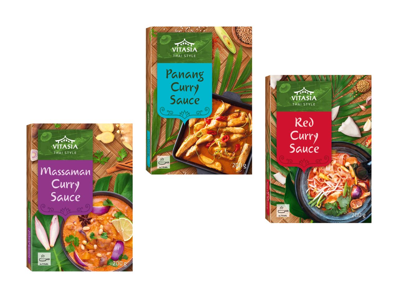 Drei Vitasia Thai Curry-Saucen (Massaman, Panang, Rot) in 200g Packungen.