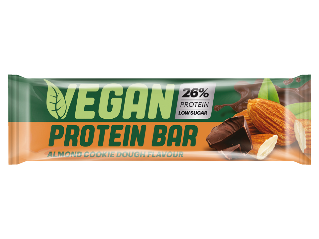 Vegan eiwitreep met amandelkoekdeeg smaak, 26% eiwit, laag in suiker.