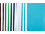 Dosare din plastic colorate și un dosar de prezentare bleu deschis.