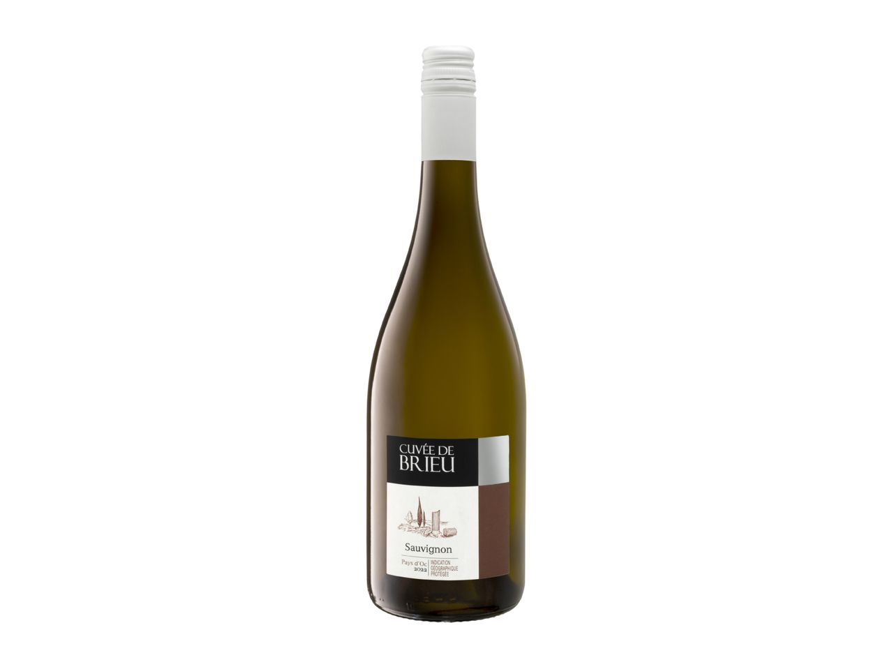 White wine bottle with a white and brown label featuring a landscape illustration.