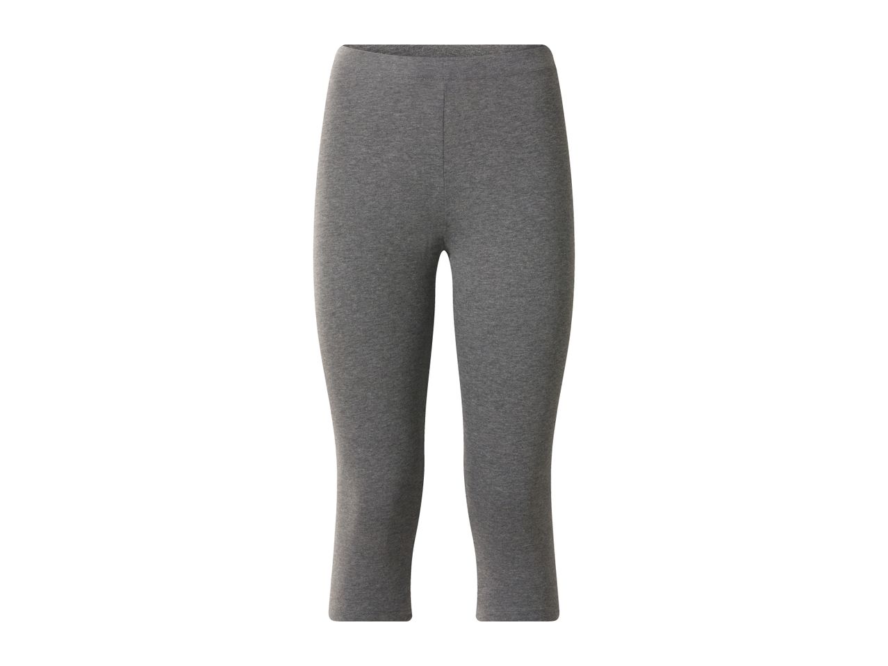 Grey capri leggings made from a soft, stretchy fabric, isolated on a white background.