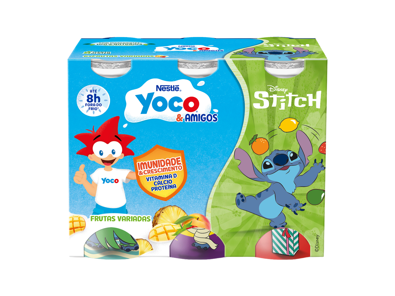 Embalagem de iogurte líquido com personagens de desenhos animados e frutas variadas.