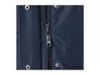 Close-up of a navy blue jacket with a partially zipped SBS zipper