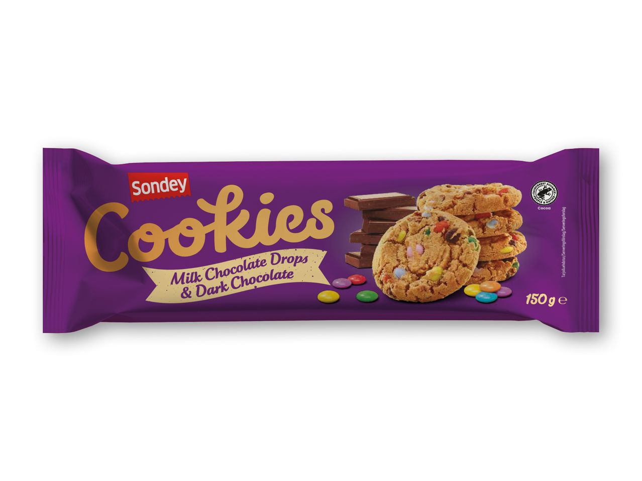 Lilla pakke med cookies med mælkechokoladedråber og mørk chokolade, 150g.
