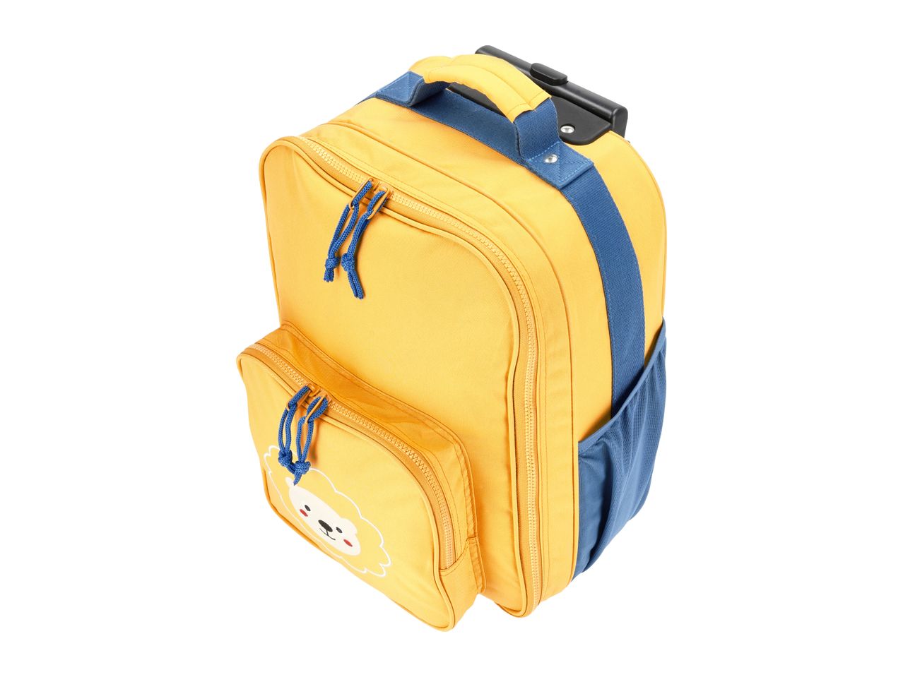 Yellow children's trolley backpack with blue accents and a lion face design.