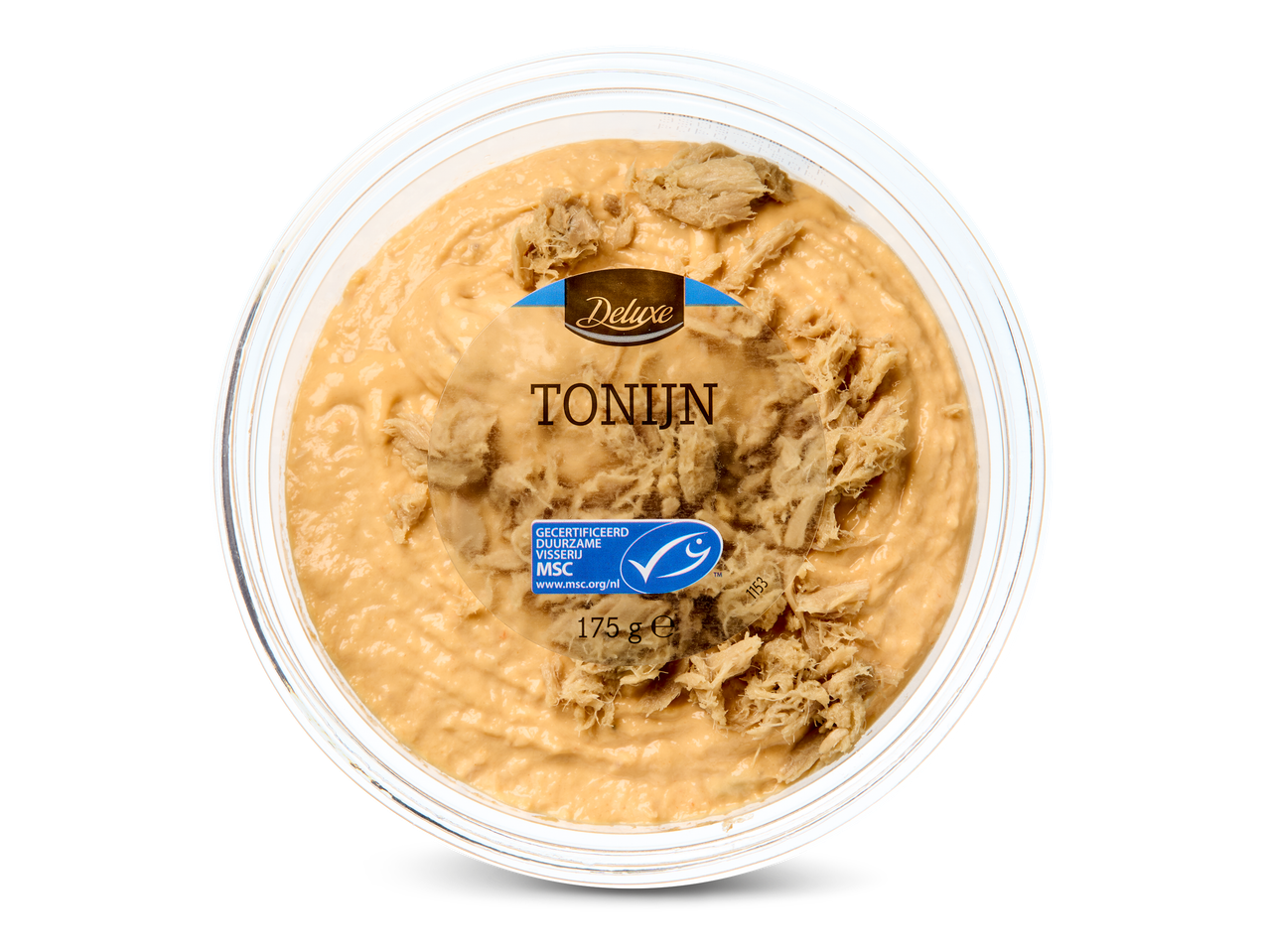 Een ronde verpakking met tonijnsalade, afgetopt met stukjes tonijn.