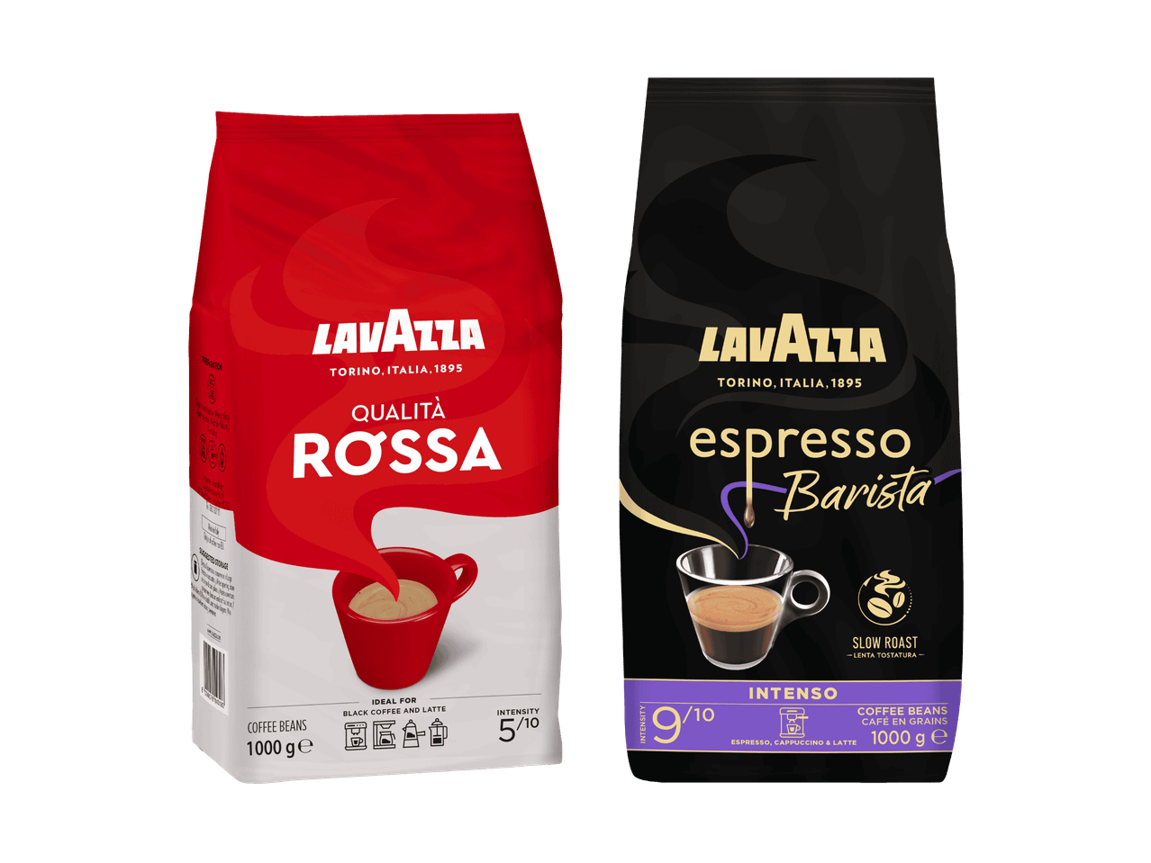 Zwei Packungen Lavazza Kaffeebohnen, Qualità Rossa und Espresso Barista.