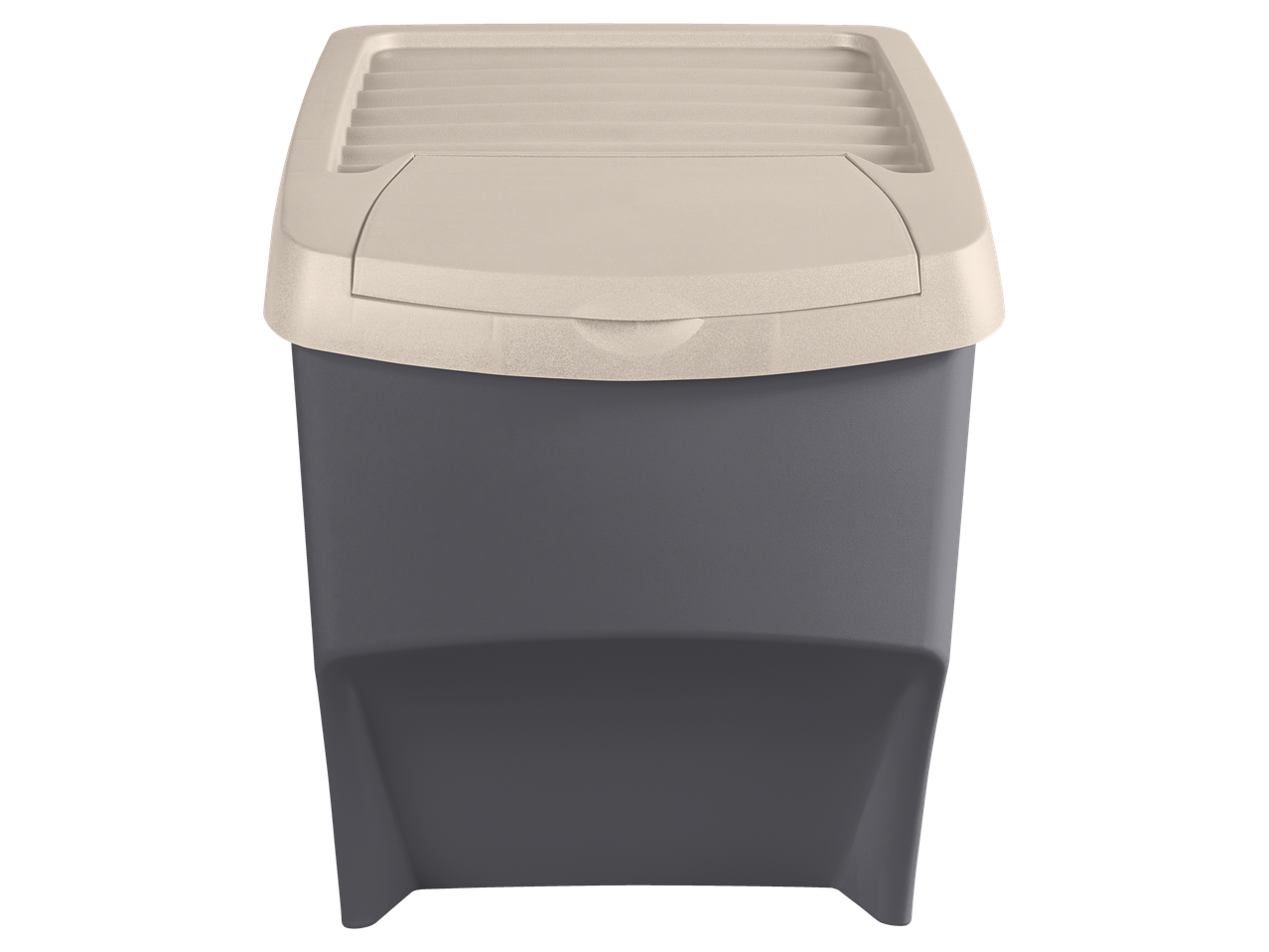 W5 Recyclingstation: Balde de lixo cinzento com tampa bege e ranhuras.
