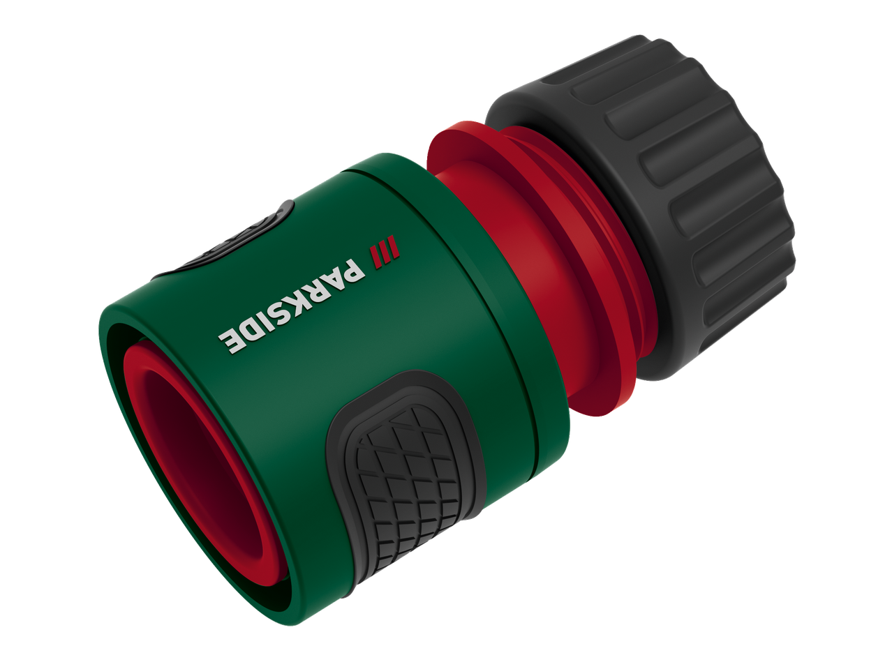 Green and red garden hose connector with a black textured grip.
