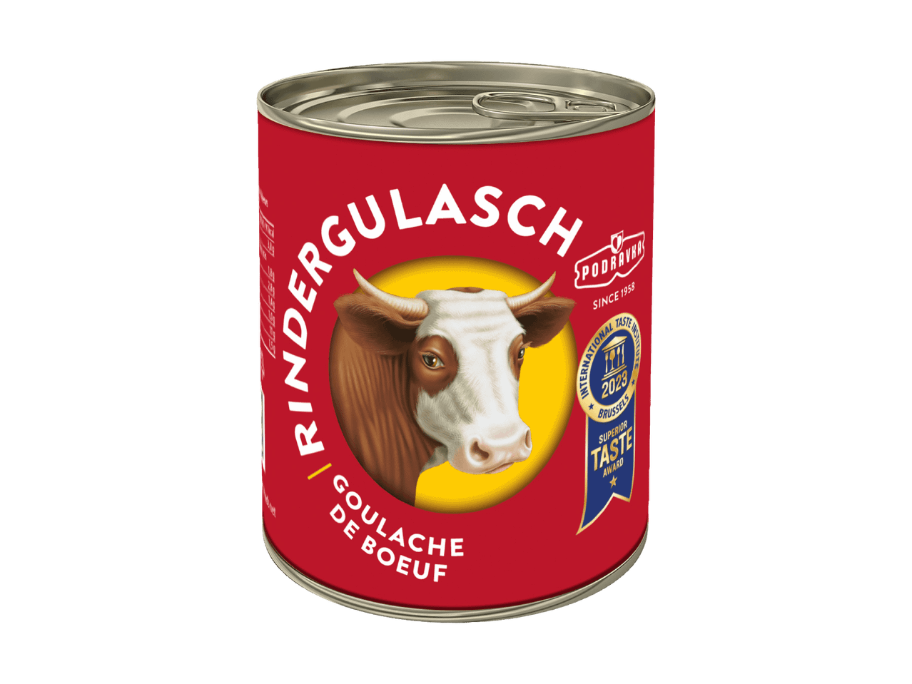Podravka Rindergulaschdose mit rotem Etikett und Superior Taste Award.