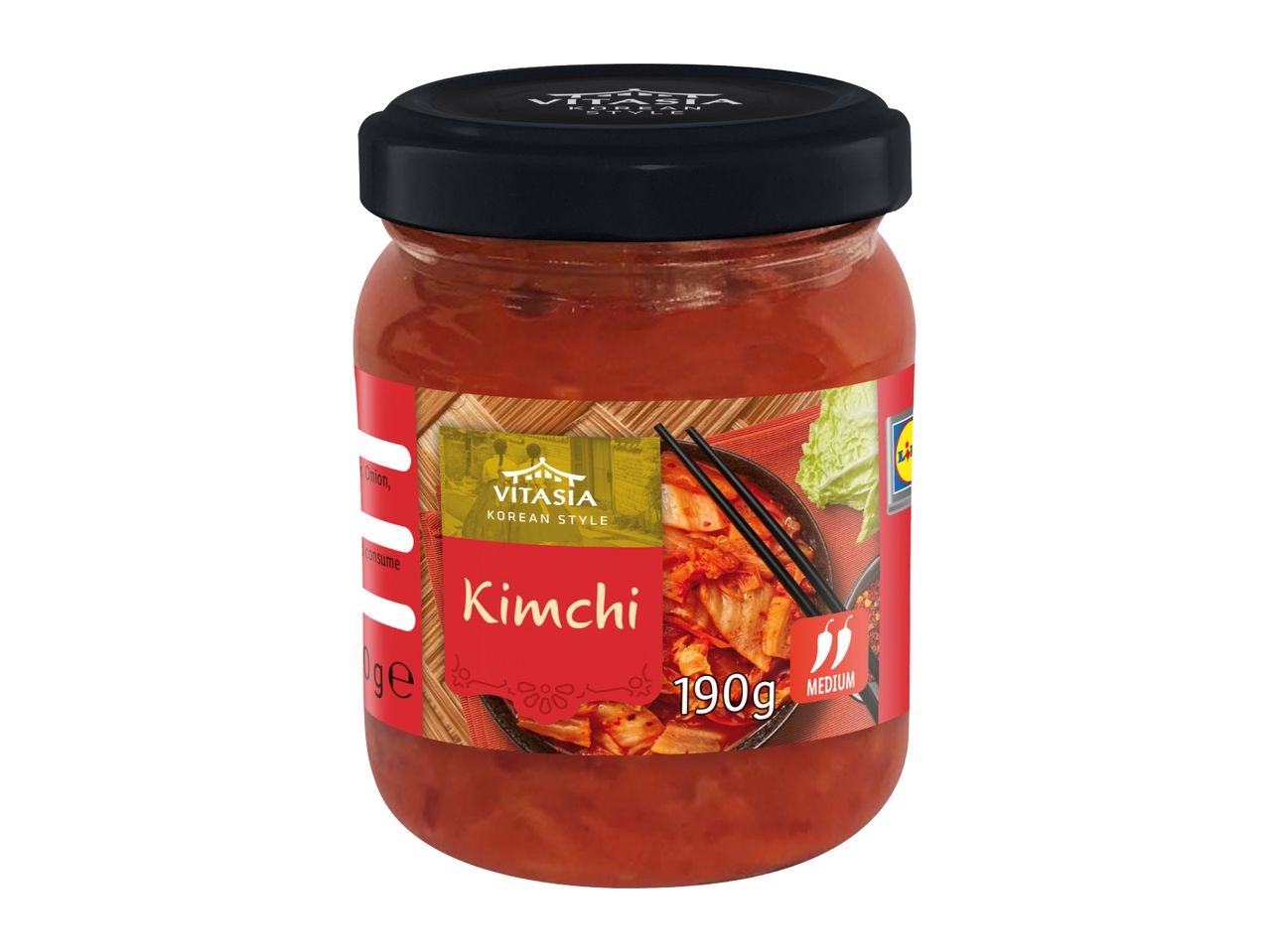 A jar of Korean-style kimchi, labeled as medium spicy and weighing 190g.