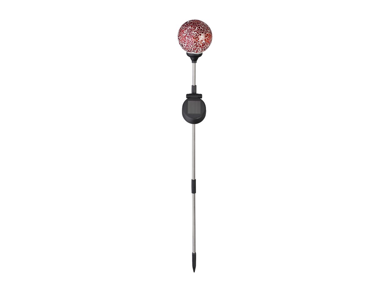 Solar-powered garden stake light with a red mosaic glass globe and a black solar panel.