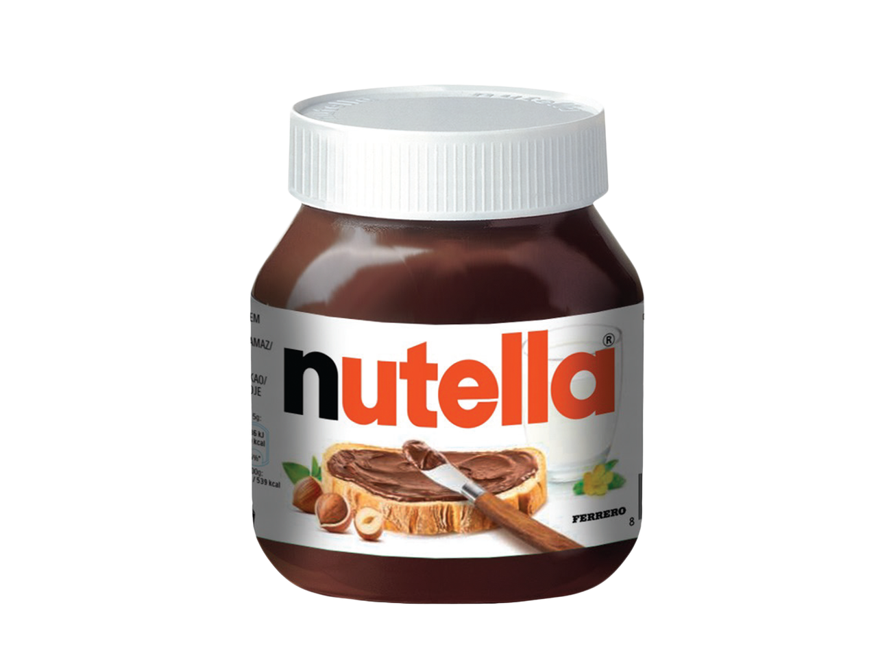 Tegla Nutella čokoladnog namaza sa lešnicima, sa kriškom hleba namazanom Nutellom i lešnicima.