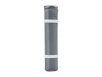 A rolled-up grey tarpaulin with two white straps, standing upright.