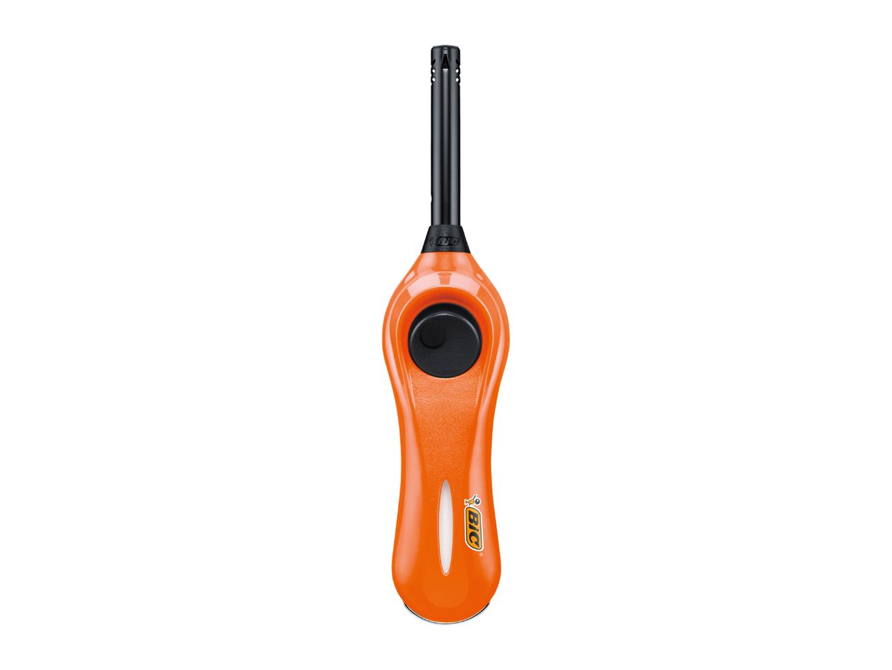 Orange long-reach lighter with a black igniter button and nozzle.