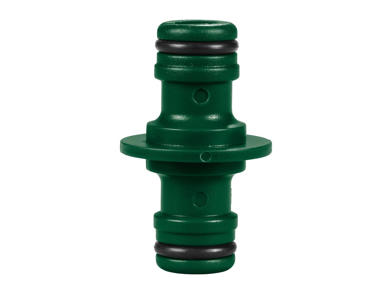 Green plastic hose connector with black O-rings on a white background.