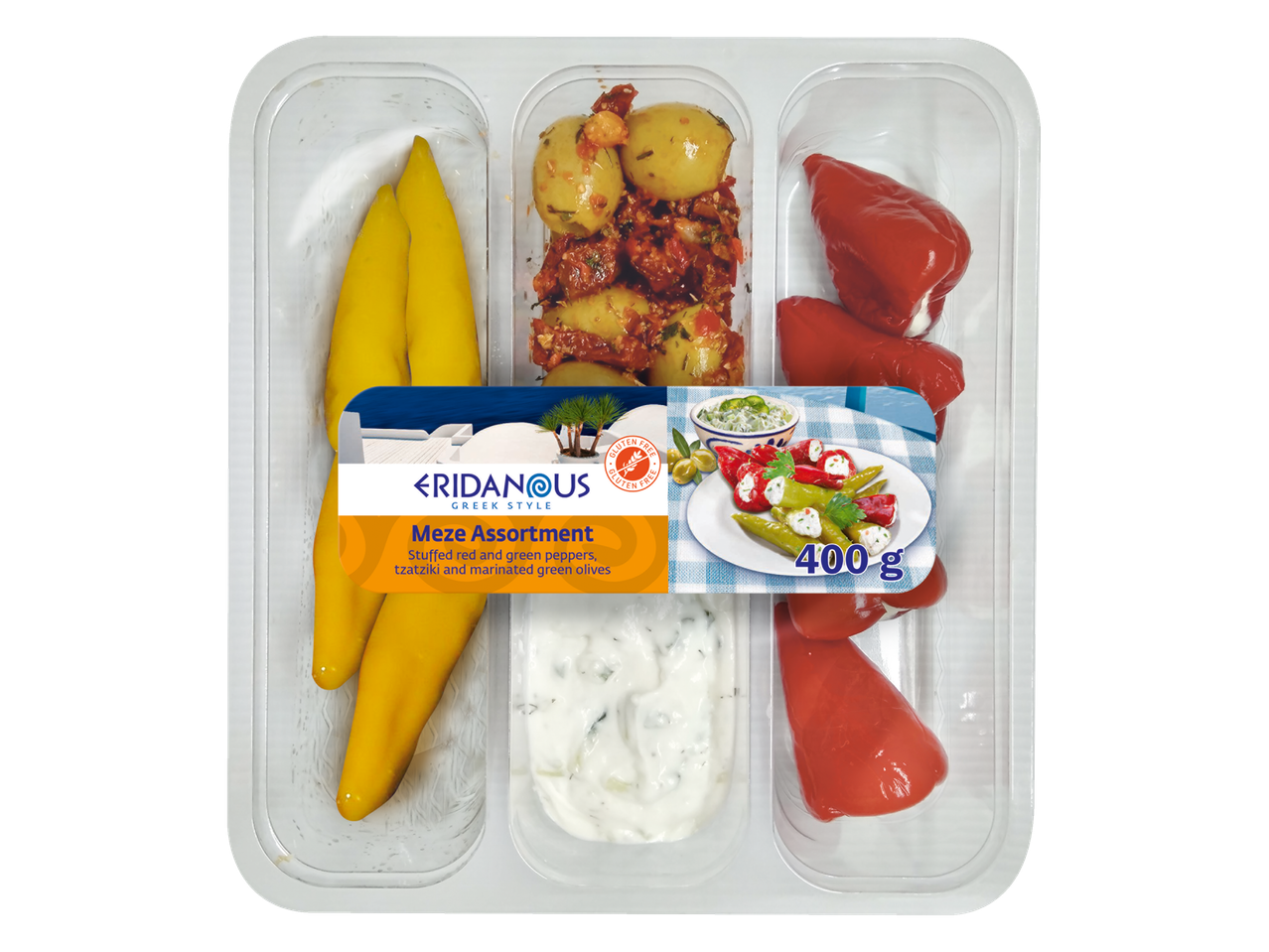 Eridanous: Griekse mezze – gevulde paprika's, olijven, tzatziki.