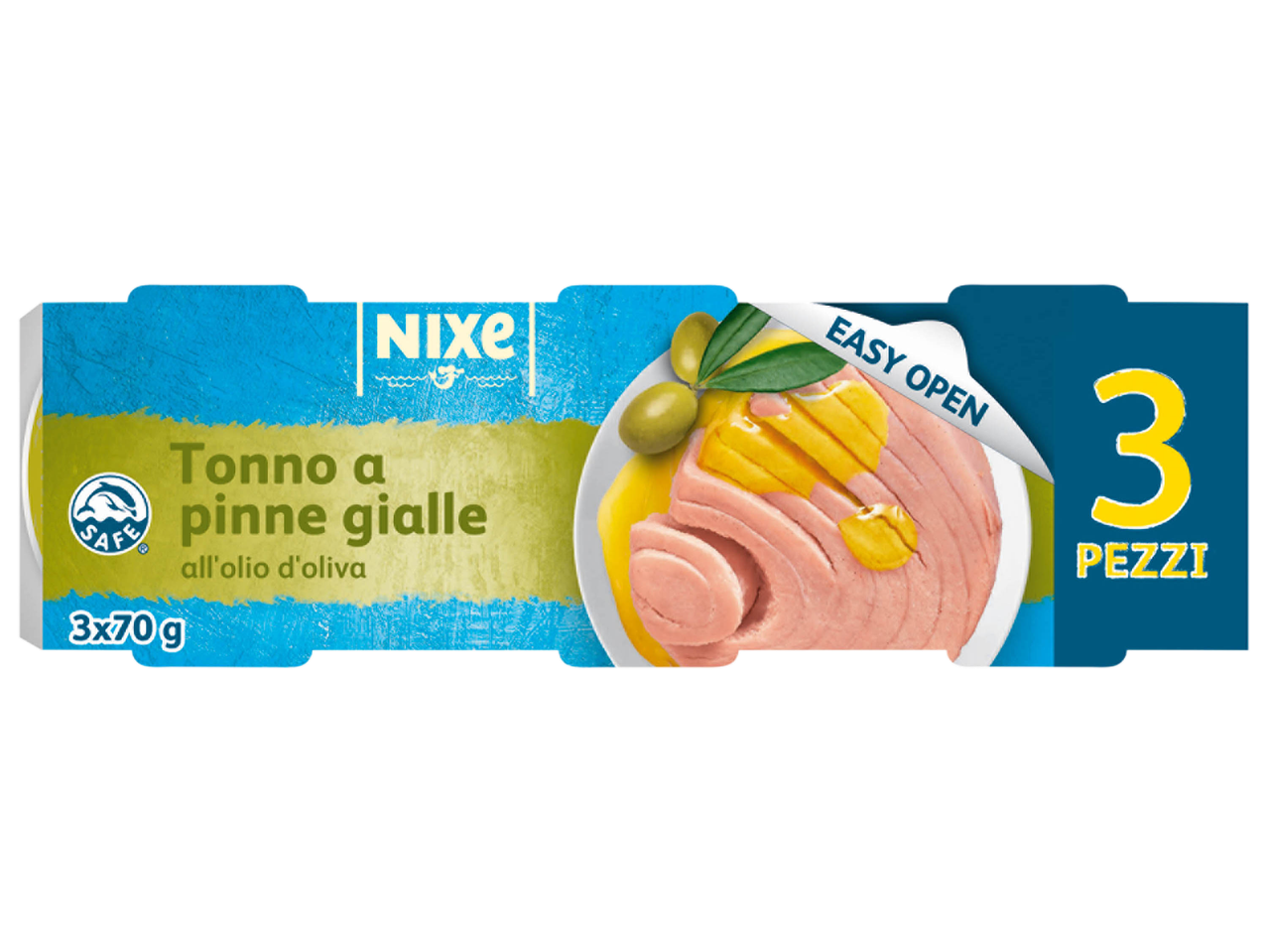 Confezione di tonno Nixe all'olio d'oliva, 3 pezzi da 70g, con apertura facilitata.