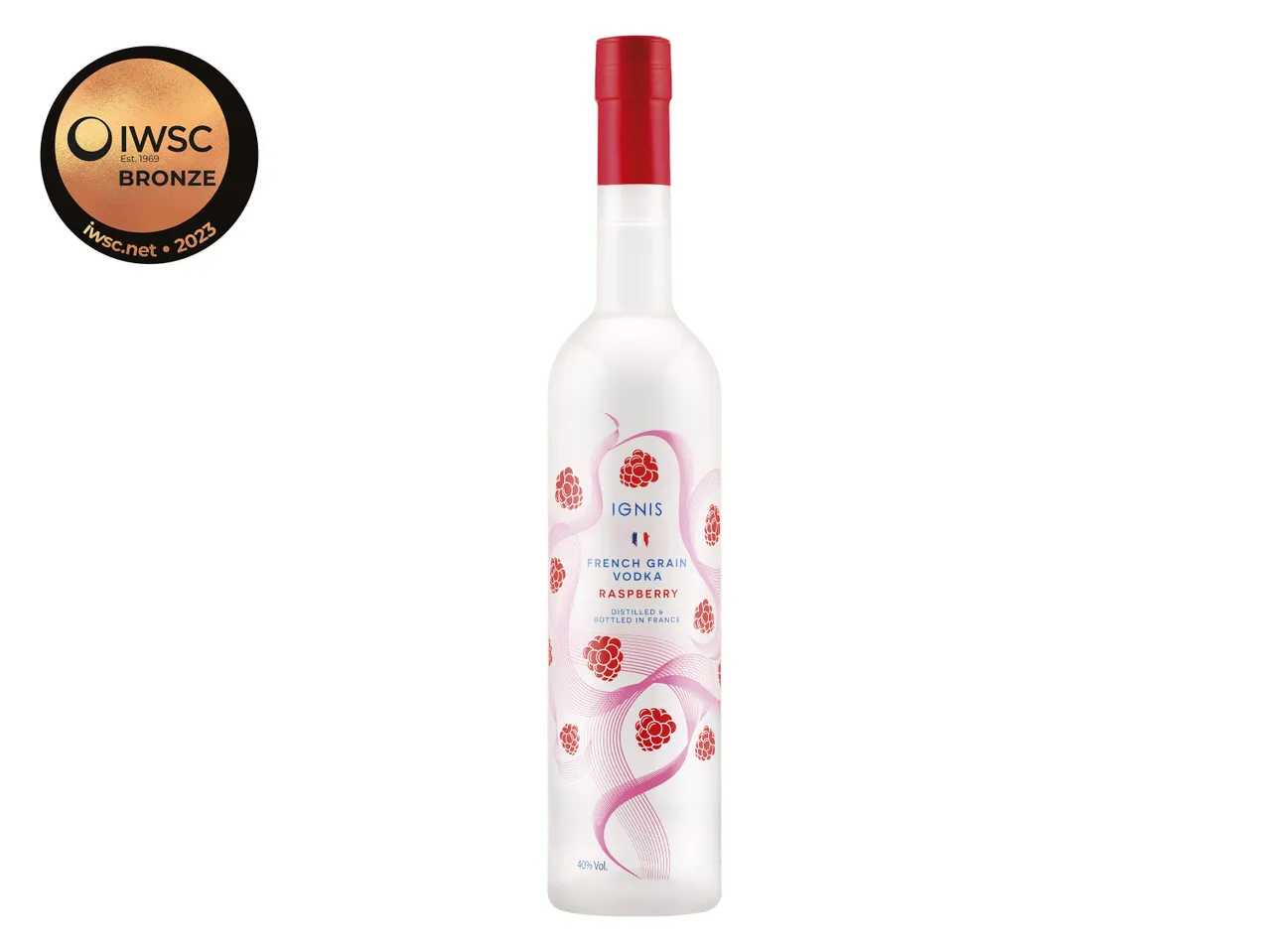 Ignis raspberry vodka bottle, distilled & bottled in France.