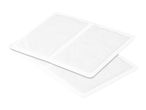 Two white rectangular heating pads with rounded corners