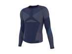 Dark blue long-sleeved athletic shirt with grey and blue striped patterns