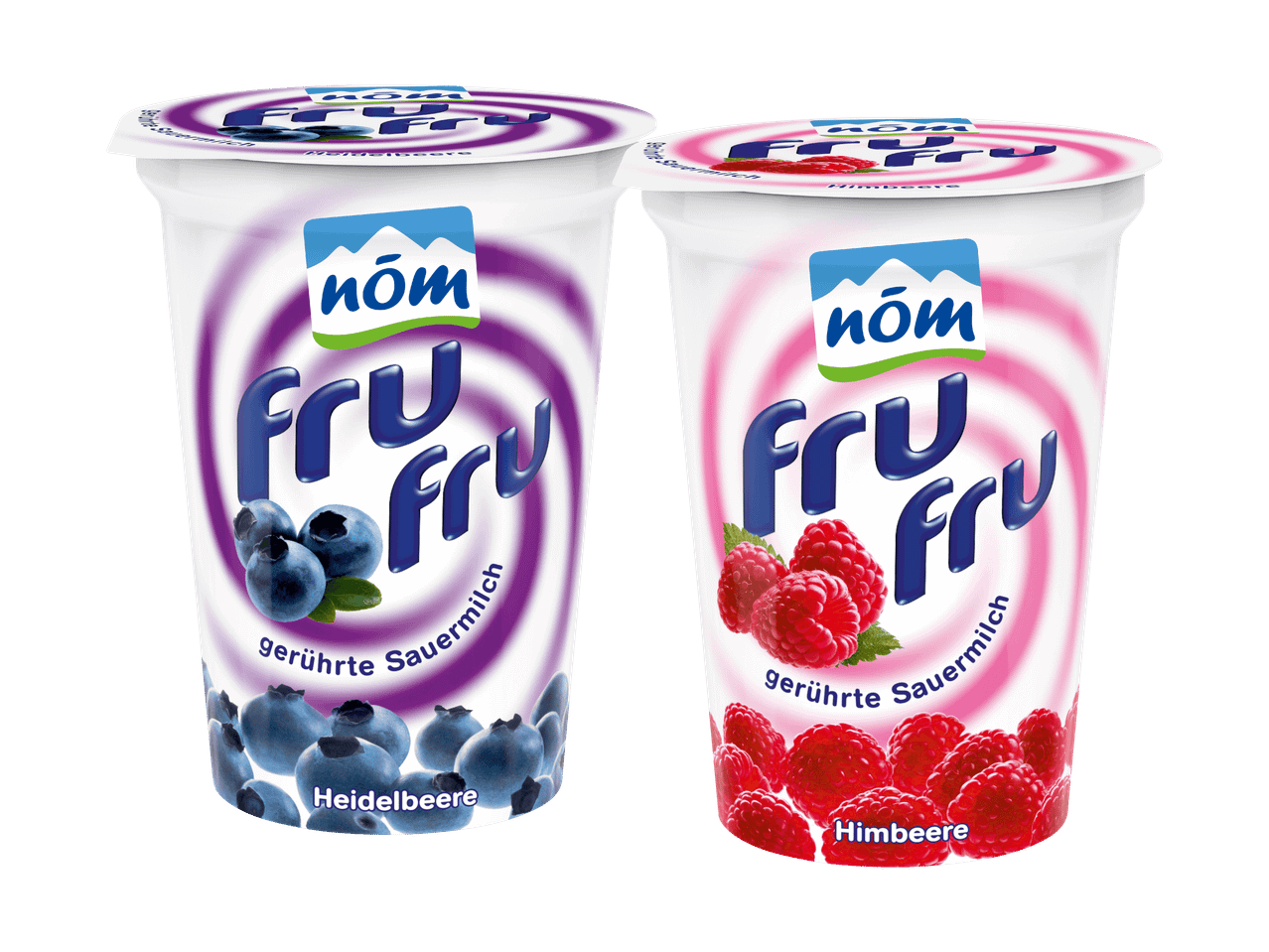 Zwei Becher Nöm Fru Fru Joghurt: Heidelbeere und Himbeere.
