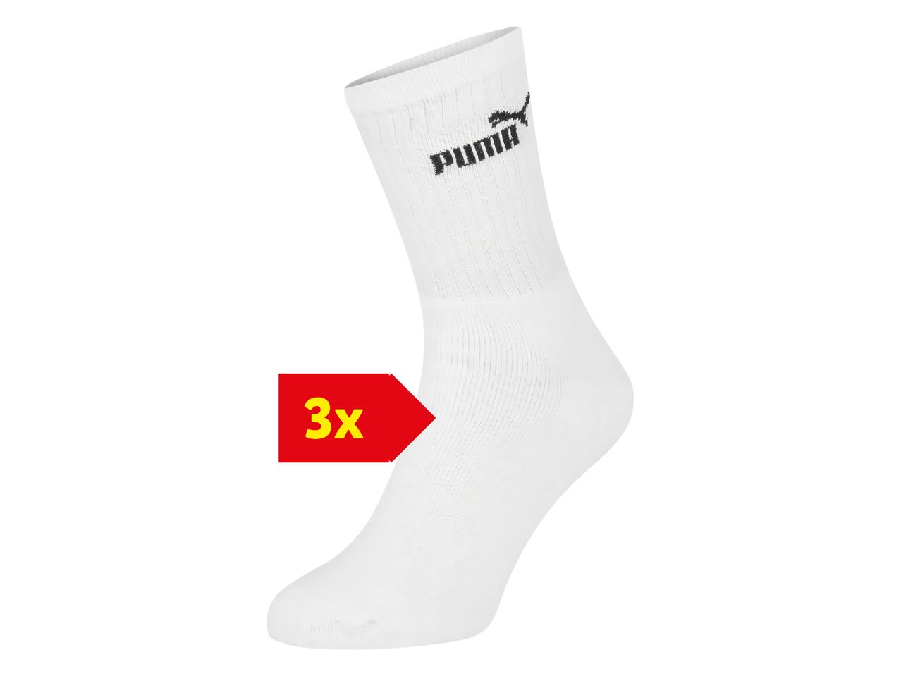 White Puma crew socks with a red '3x' label, indicating a pack of three.